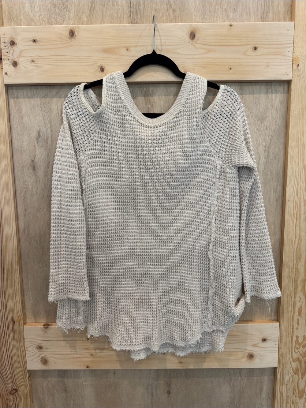 Free People Cream Waffle Knit Open Shoulder Long Sleeve Shirt - Picture 9 of 9